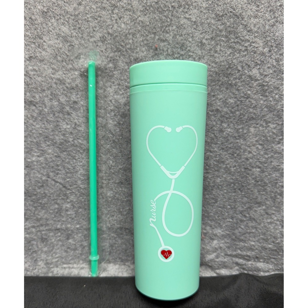 Nurse Appreciation 16oz Skinny Tumbler Mint Green Stethoscope Heart with Straw